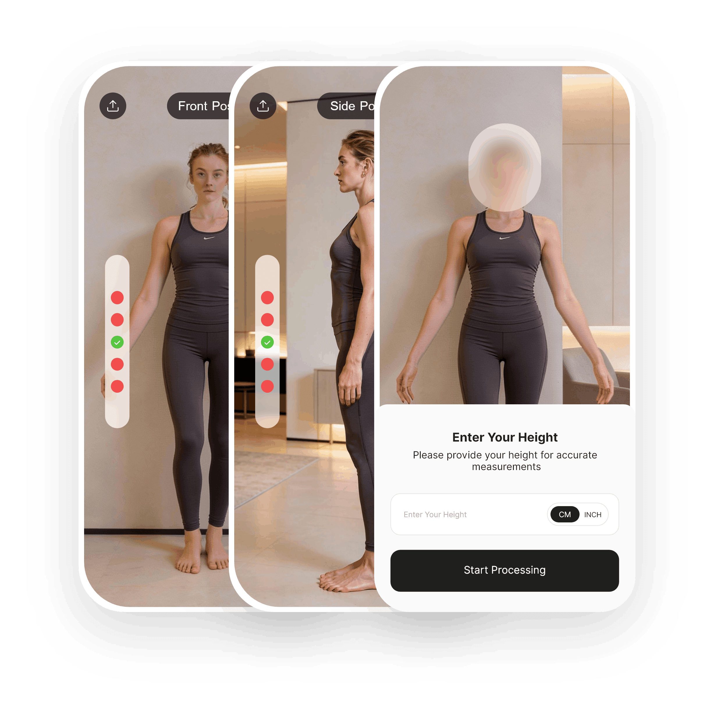 Front pose, side pose, and height entry -- the three guided steps of a Shaku scan