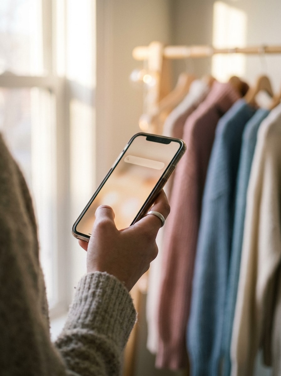 Text search: a hand holding a phone with a search bar, in front of a clothing rack