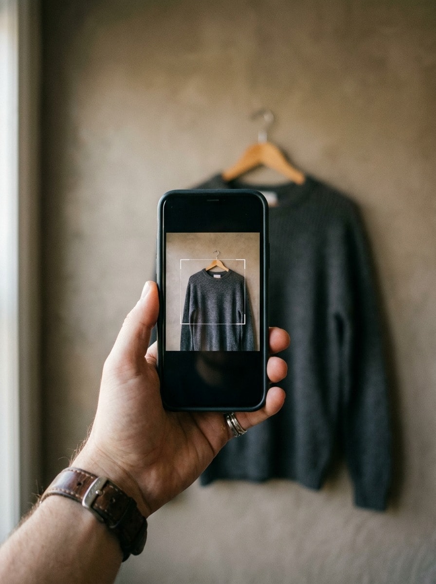 Image search: a phone camera viewfinder framing a hanging sweater