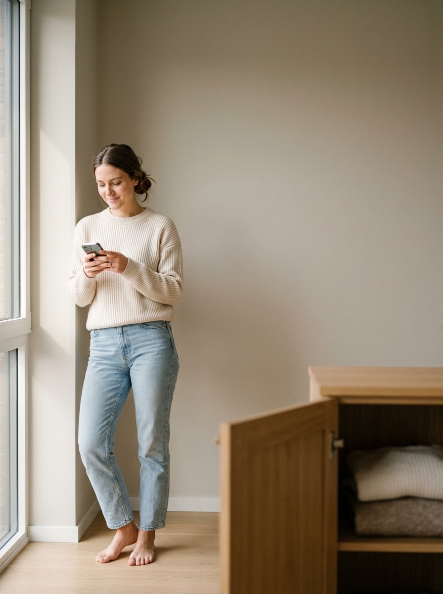 A woman checking her phone at home, the anchor for every capability shown around it