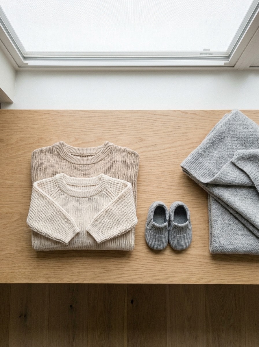 Two folded knit sweaters in ascending sizes with small shoes, representing a growing child