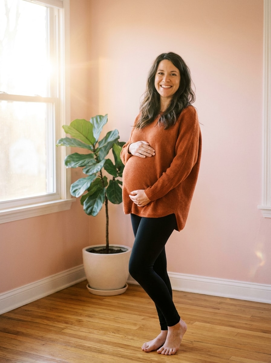 A pregnant woman in a soft knit sweater, standing by a window