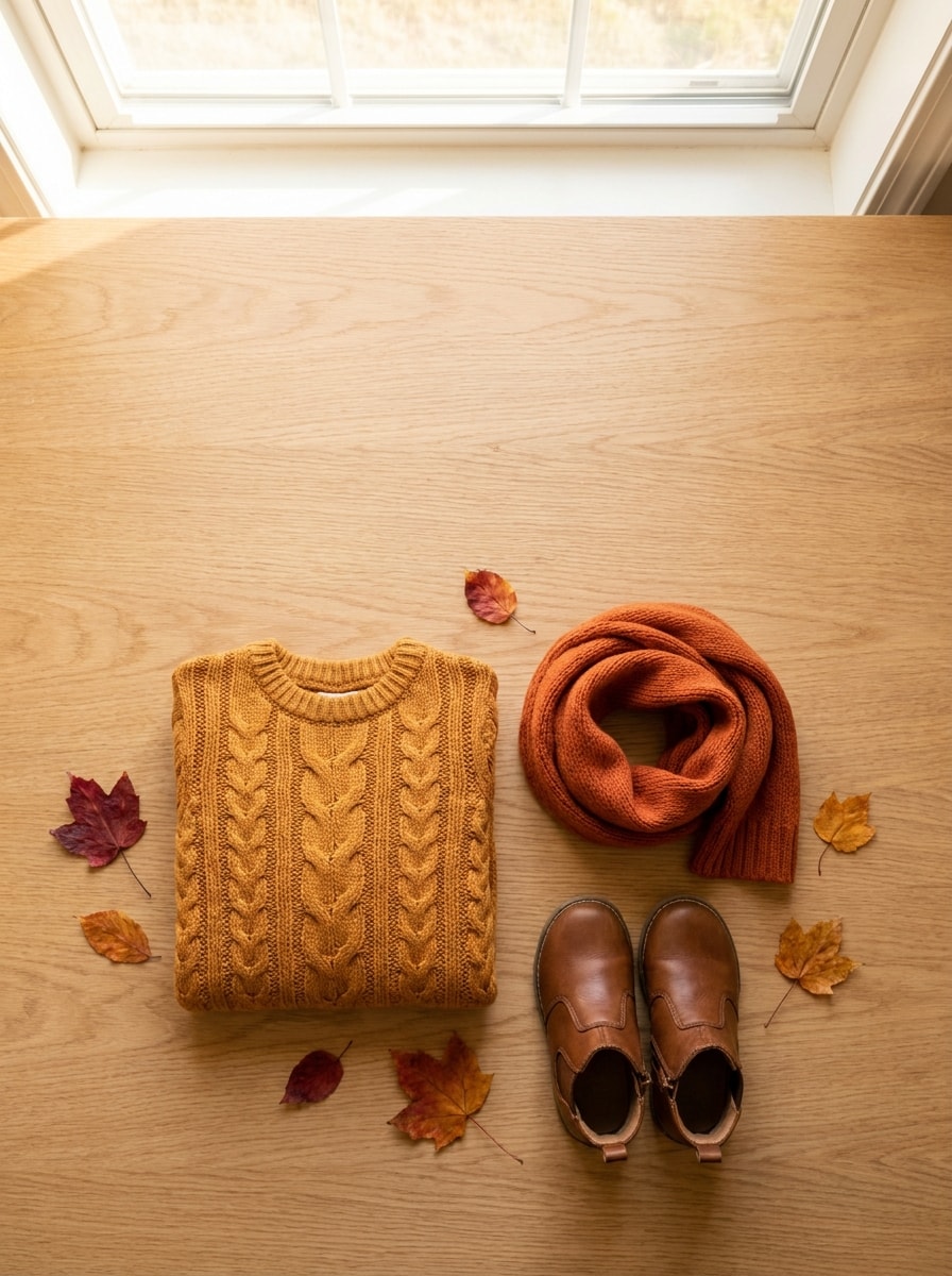A child's cable-knit sweater with a scarf, autumn leaves, and small boots