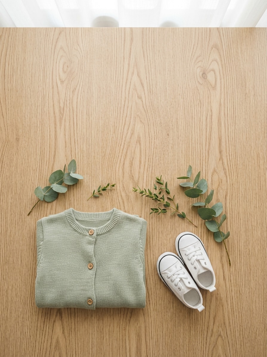 A child's sage cardigan with eucalyptus sprigs and small canvas sneakers