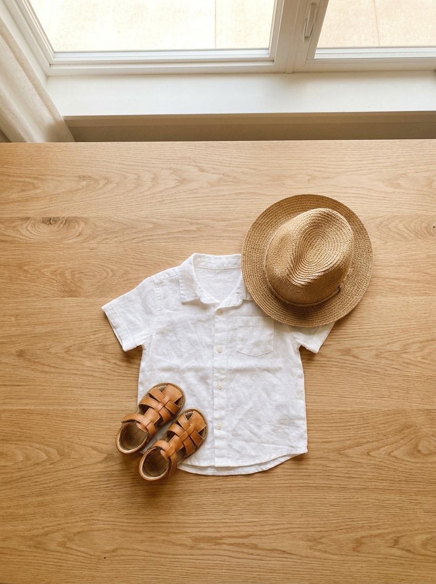 A child's linen shirt with a straw hat and small sandals
