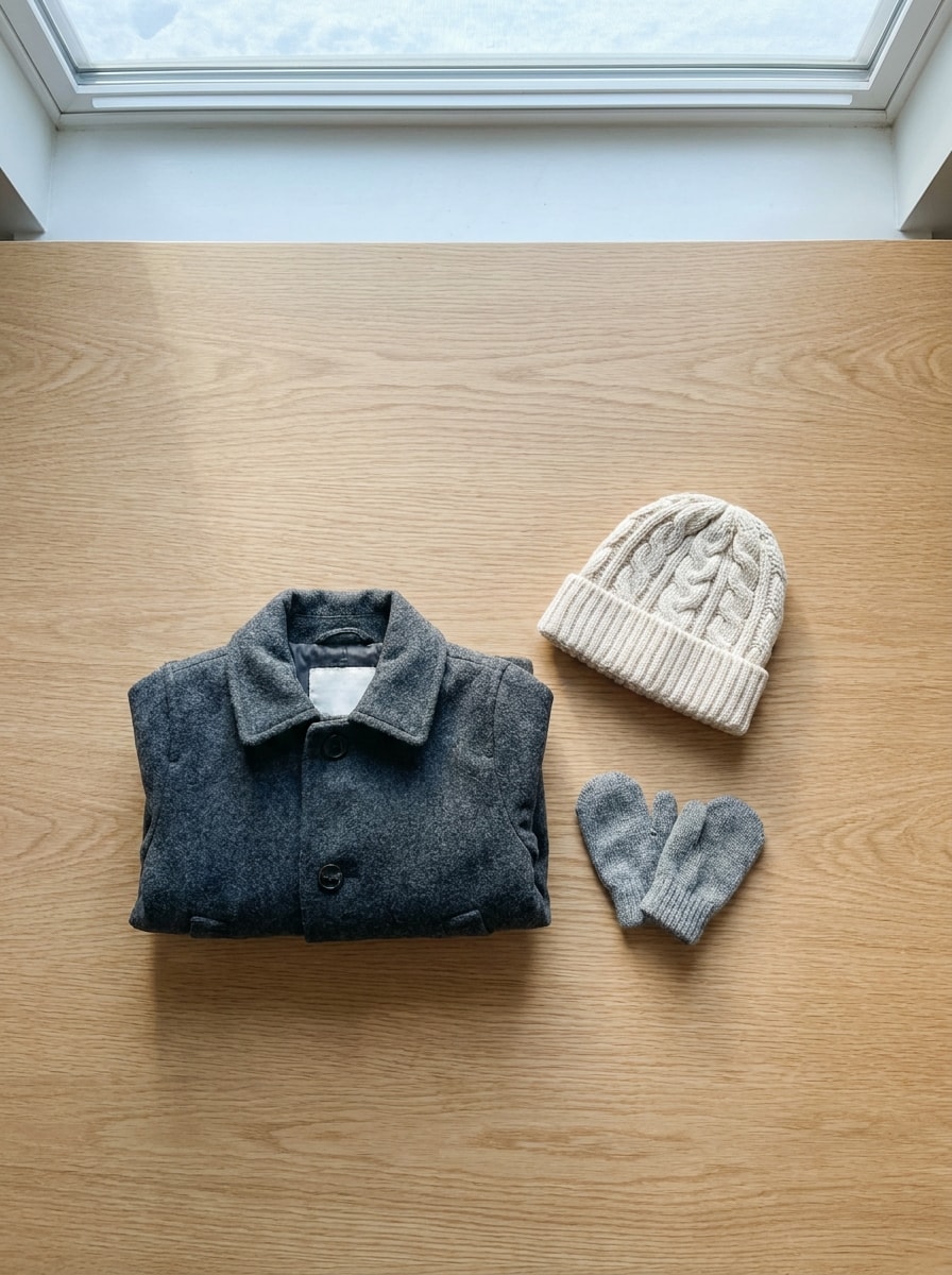 A child's wool coat with a knit hat and mittens