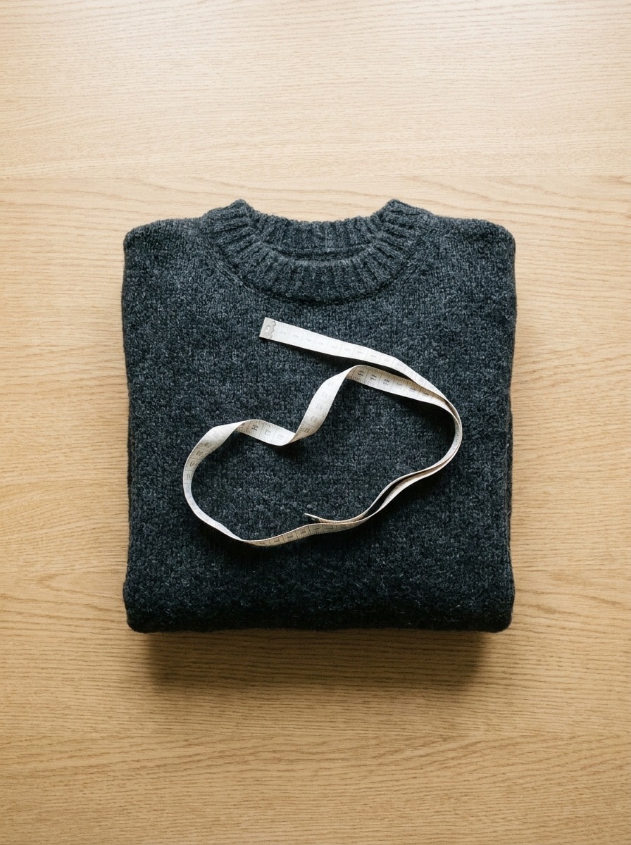 A folded sweater with a tailor’s measuring tape laid across it