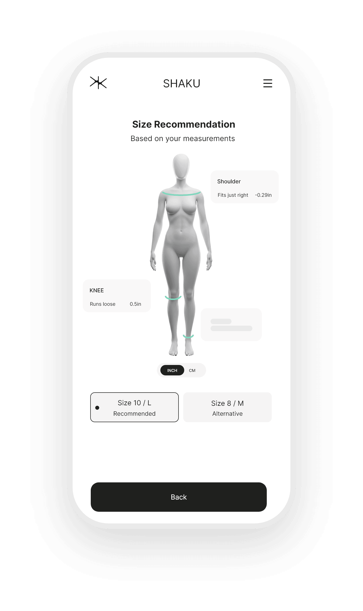 Shaku's size recommendation screen, showing a recommended size and an alternative